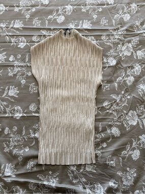 Zara Beige Pleated High Neck Tunic Top